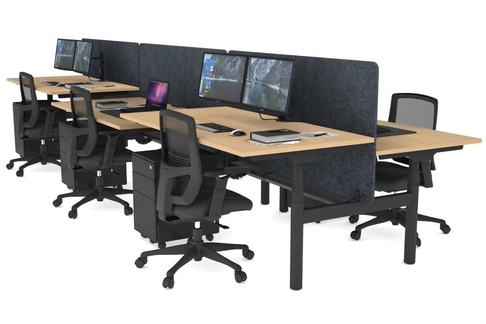 Flexi Premium Height Adjustable 6 Person H-Bench Workstation - Black Frame [1600L x 800W with Cable Scallop]-maple dark grey acoustic panel (820H x 1600W) black cable tray