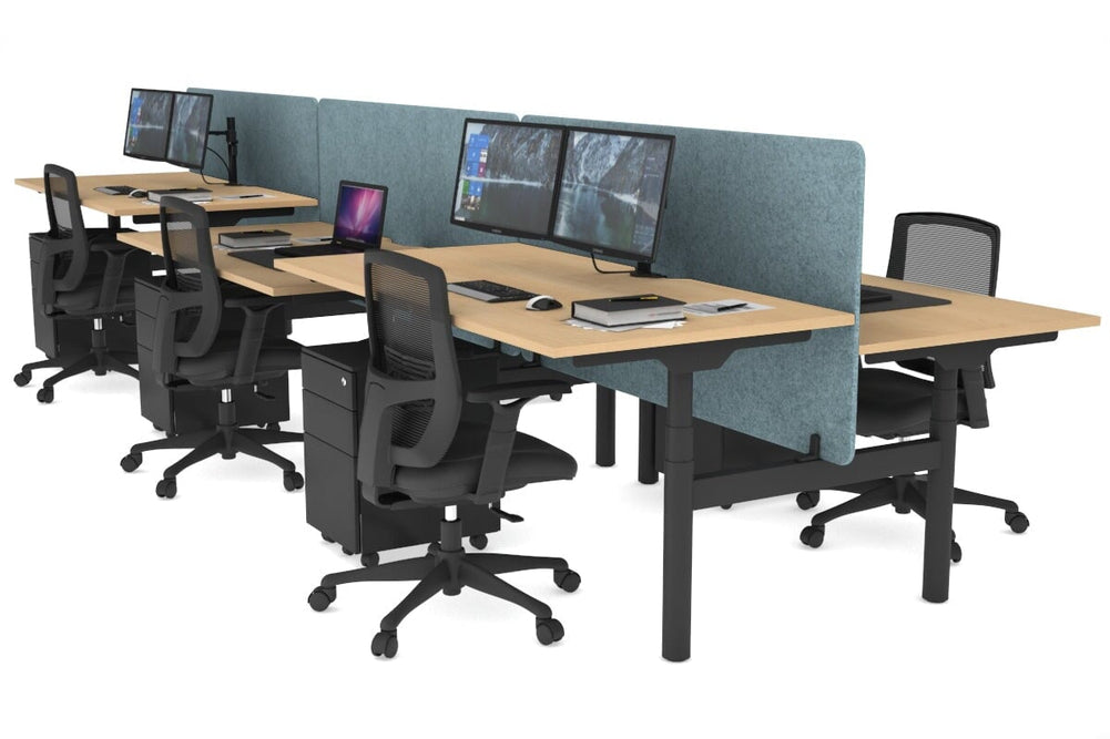 Flexi Premium Height Adjustable 6 Person H-Bench Workstation - Black Frame [1600L x 800W with Cable Scallop]-maple blue acoustic panel (820H x 1600W) none