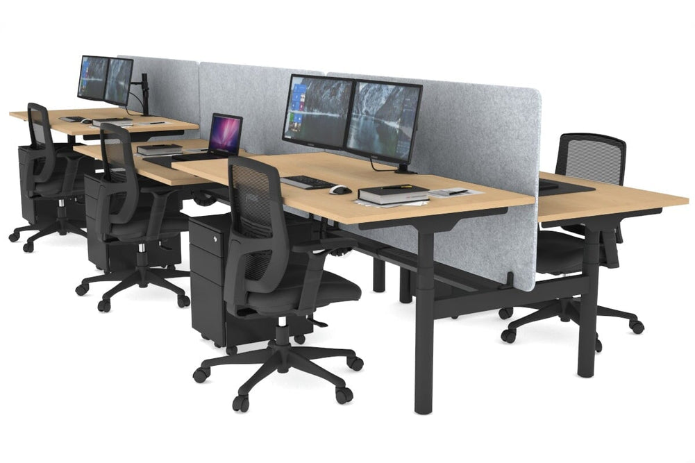 Flexi Premium Height Adjustable 6 Person H-Bench Workstation - Black Frame [1600L x 800W with Cable Scallop]-maple light grey acoustic panel (820H x 1600W) black cable tray