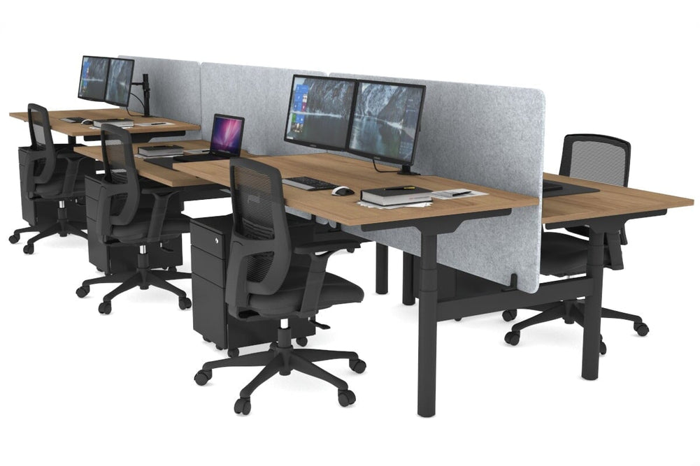 Flexi Premium Height Adjustable 6 Person H-Bench Workstation - Black Frame [1600L x 800W with Cable Scallop]-salvage oak light grey acoustic panel (820H x 1600W) none