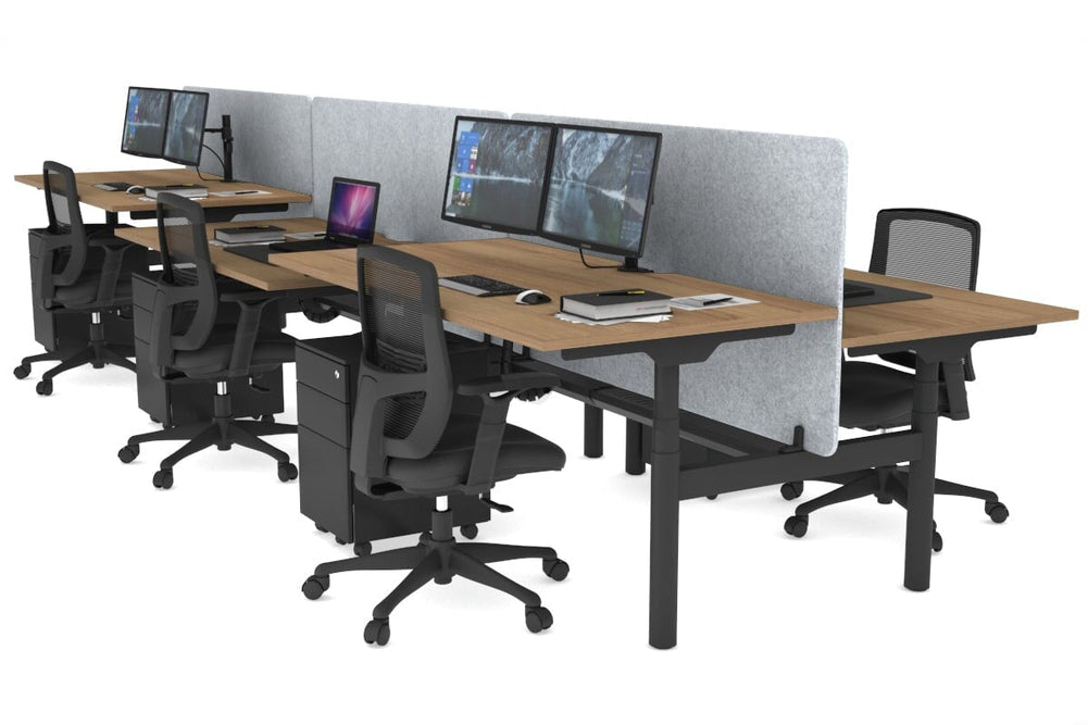 Flexi Premium Height Adjustable 6 Person H-Bench Workstation - Black Frame [1600L x 800W with Cable Scallop]-salvage oak light grey acoustic panel (820H x 1600W) black cable tray