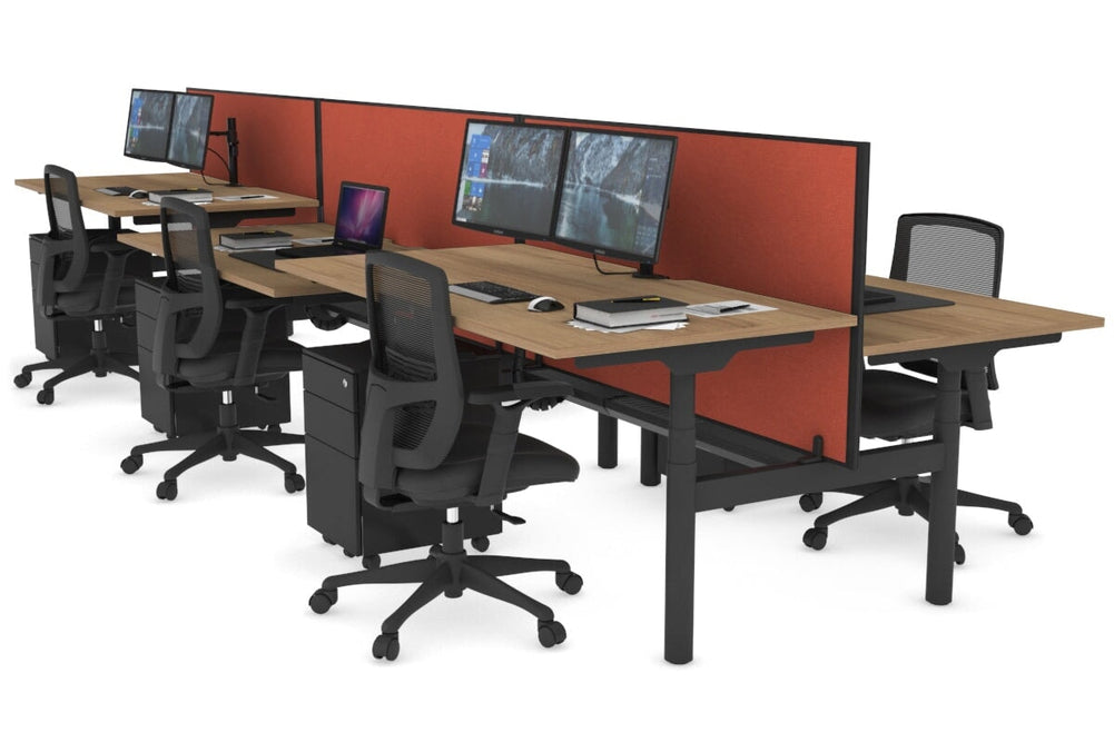 Flexi Premium Height Adjustable 6 Person H-Bench Workstation - Black Frame [1600L x 800W with Cable Scallop]-salvage oak orange squash (820H x 1600W) black cable tray