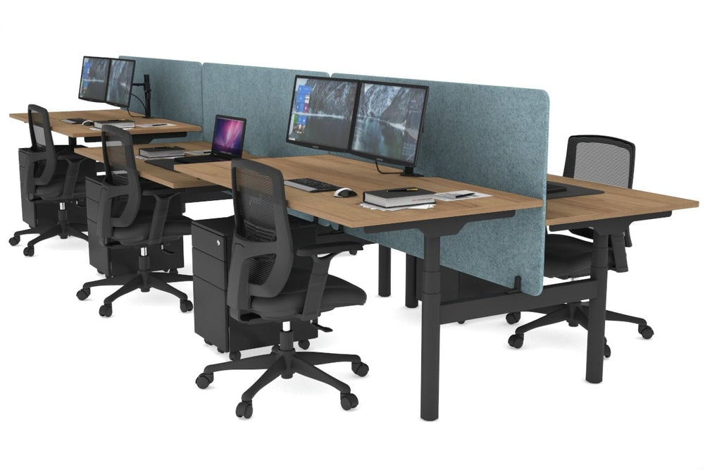 Flexi Premium Height Adjustable 6 Person H-Bench Workstation - Black Frame [1600L x 800W with Cable Scallop]-salvage oak blue acoustic panel (820H x 1600W) none