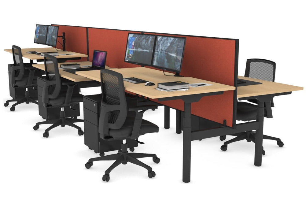 Flexi Premium Height Adjustable 6 Person H-Bench Workstation - Black Frame [1600L x 800W with Cable Scallop]-maple orange squash (820H x 1600W) none