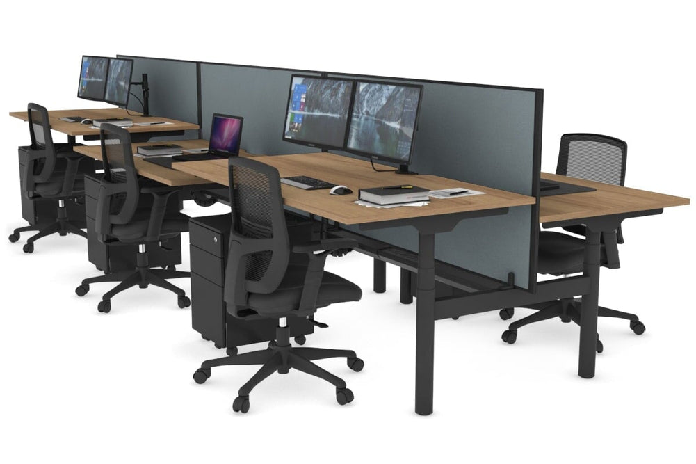 Flexi Premium Height Adjustable 6 Person H-Bench Workstation - Black Frame [1600L x 800W with Cable Scallop]-salvage oak cool grey (820H x 1600W) black cable tray