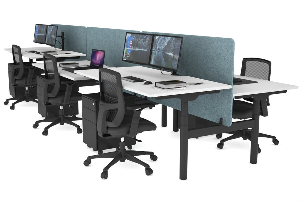 Flexi Premium Height Adjustable 6 Person H-Bench Workstation - Black Frame [1600L x 800W with Cable Scallop]-white blue acoustic panel (820H x 1600W) none