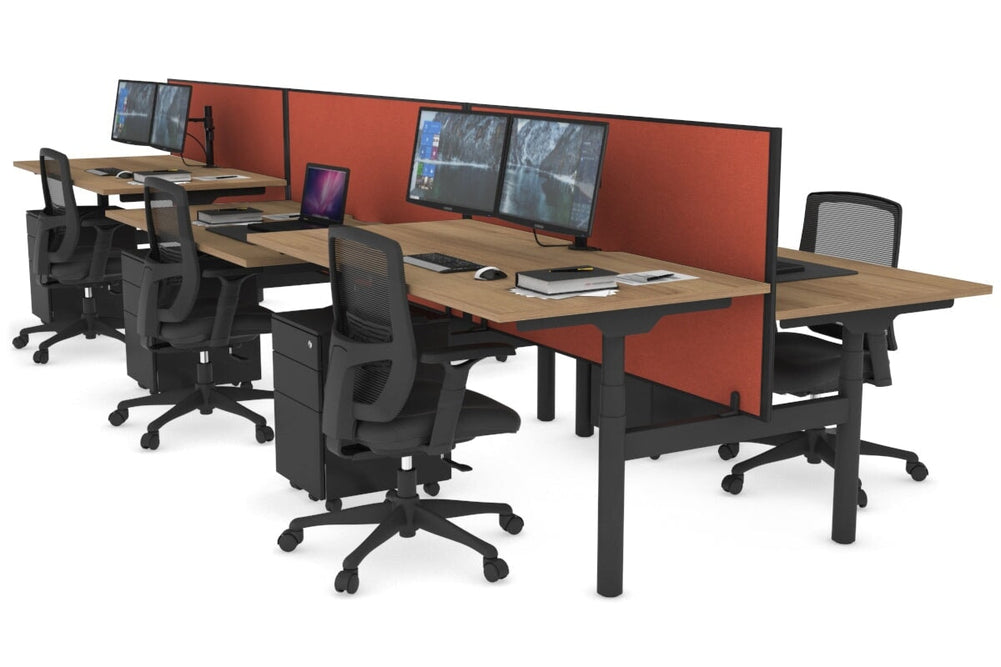 Flexi Premium Height Adjustable 6 Person H-Bench Workstation - Black Frame [1600L x 800W with Cable Scallop]-salvage oak orange squash (820H x 1600W) none