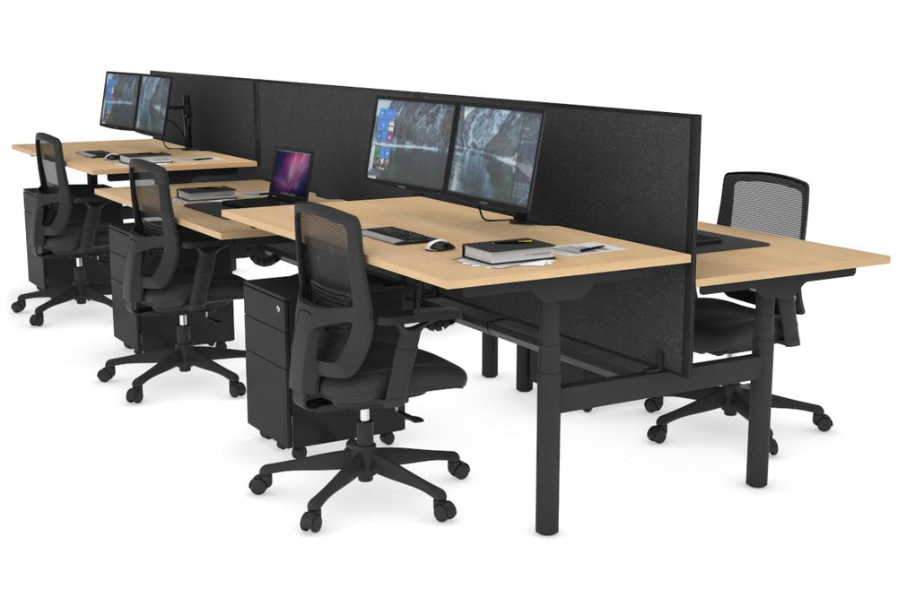 Flexi Premium Height Adjustable 6 Person H-Bench Workstation - Black Frame [1600L x 800W with Cable Scallop]-maple moody charchoal (820H x 1600W) black cable tray