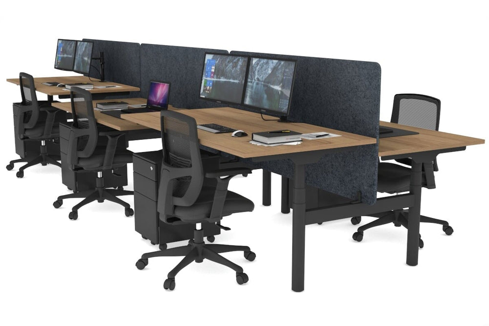 Flexi Premium Height Adjustable 6 Person H-Bench Workstation - Black Frame [1600L x 800W with Cable Scallop]-salvage oak dark grey acoustic panel (820H x 1600W) none