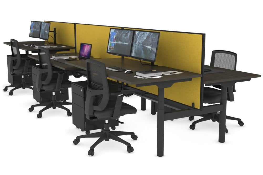 Flexi Premium Height Adjustable 6 Person H-Bench Workstation - Black Frame [1600L x 800W with Cable Scallop]-dark oak mustard yellow (820H x 1600W) black cable tray