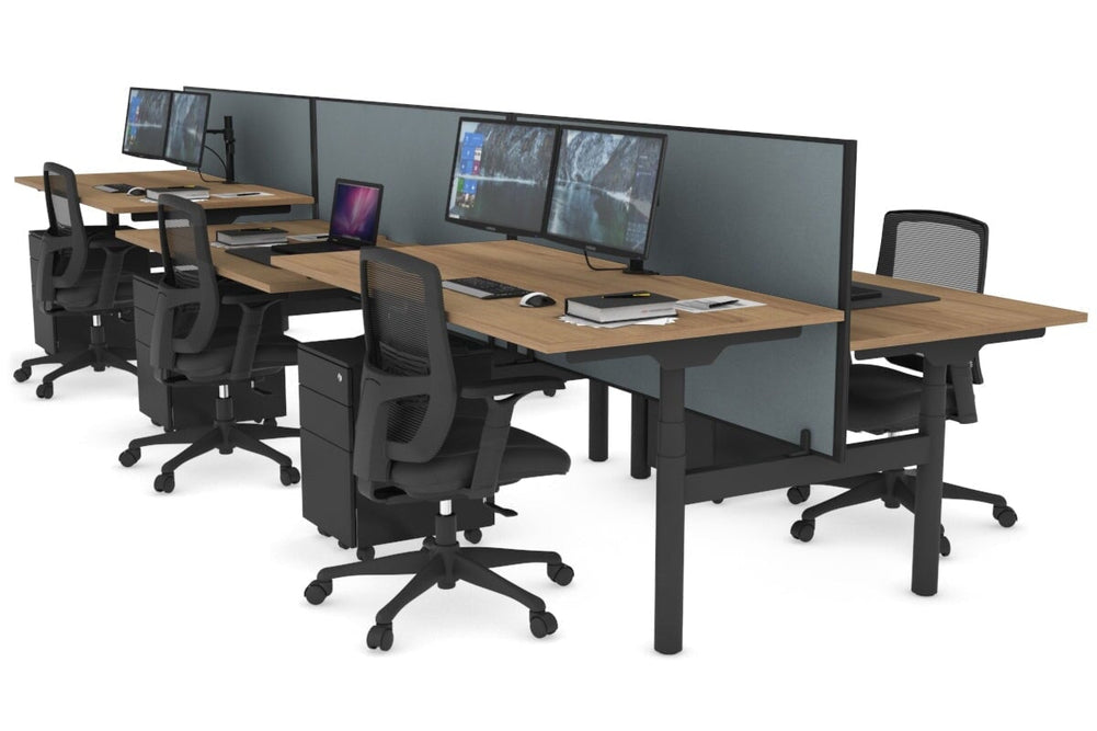 Flexi Premium Height Adjustable 6 Person H-Bench Workstation - Black Frame [1600L x 800W with Cable Scallop]-salvage oak cool grey (820H x 1600W) none