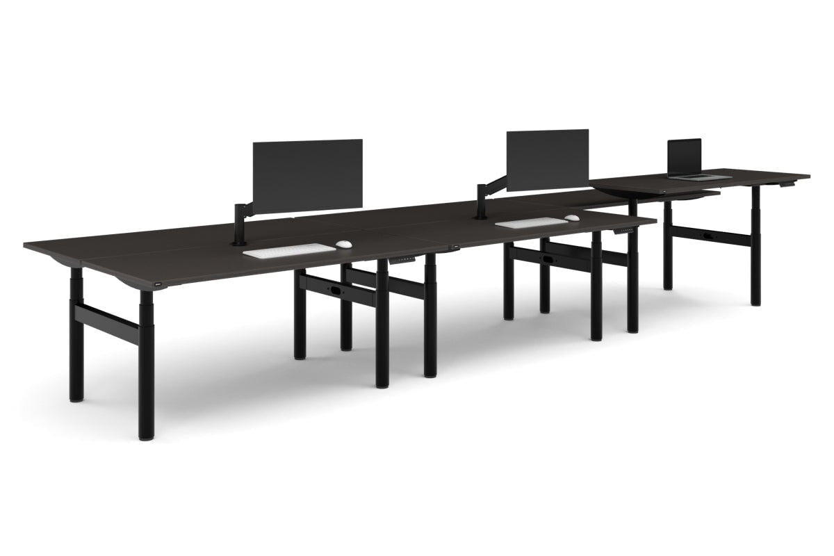 Flexi Premium Height Adjustable 6 Person H-Bench Workstation - Black Frame [1800L x 700W]-dark oak none none