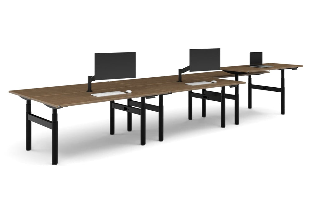 Flexi Premium Height Adjustable 6 Person H-Bench Workstation - Black Frame [1800L x 700W]-salvage oak none none