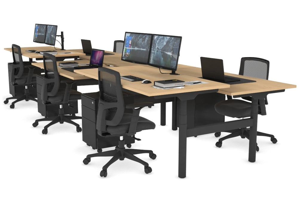 Flexi Premium Height Adjustable 6 Person H-Bench Workstation - Black Frame [1800L x 800W with Cable Scallop]-maple none none