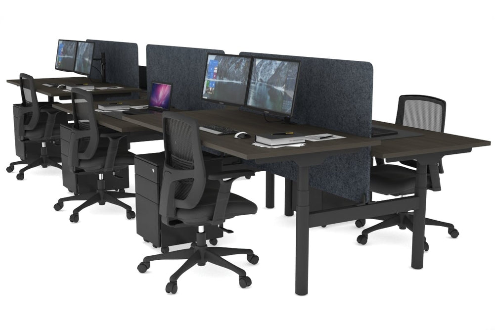 Flexi Premium Height Adjustable 6 Person H-Bench Workstation - Black Frame [1800L x 800W with Cable Scallop]-dark oak dark grey acoustic panel (820H x 1600W) none