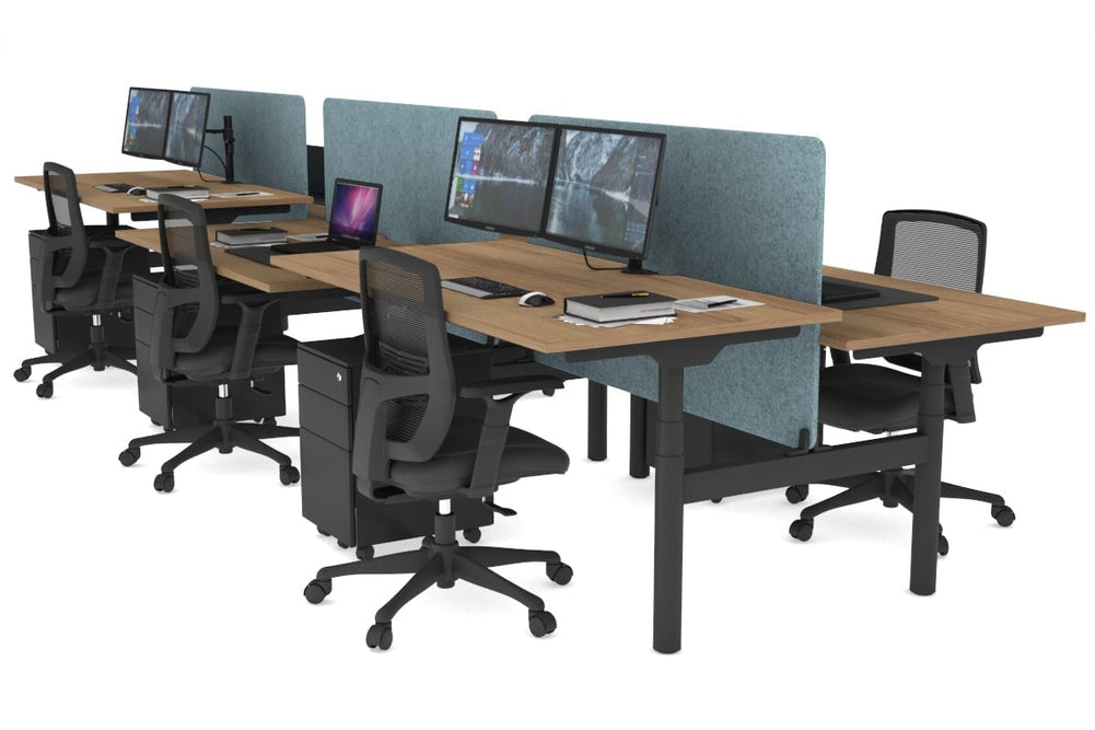 Flexi Premium Height Adjustable 6 Person H-Bench Workstation - Black Frame [1800L x 800W with Cable Scallop]-salvage oak blue acoustic panel (820H x 1600W) none