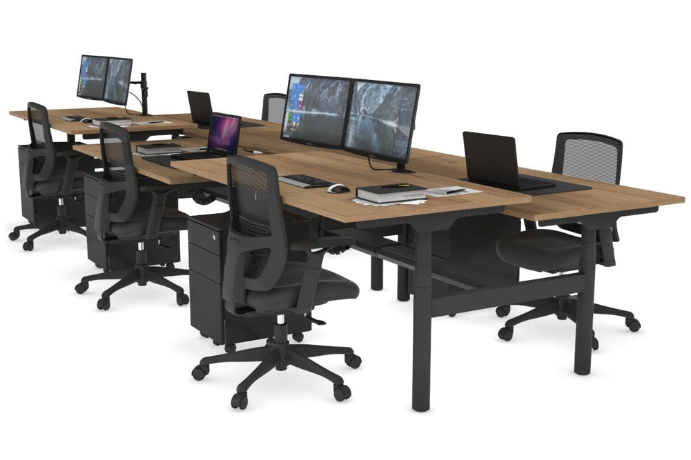 Flexi Premium Height Adjustable 6 Person H-Bench Workstation - Black Frame [1800L x 800W with Cable Scallop]-salvage oak none black cable tray