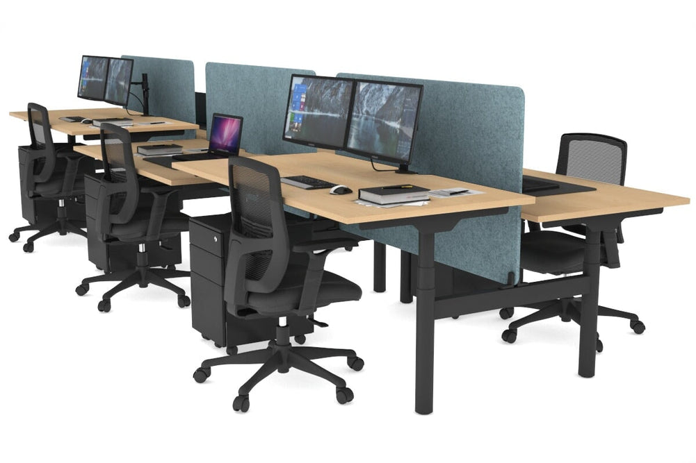 Flexi Premium Height Adjustable 6 Person H-Bench Workstation - Black Frame [1800L x 800W with Cable Scallop]-maple blue acoustic panel (820H x 1600W) none