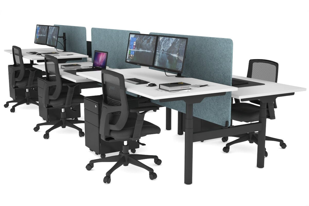 Flexi Premium Height Adjustable 6 Person H-Bench Workstation - Black Frame [1800L x 800W with Cable Scallop]-white blue acoustic panel (820H x 1600W) none