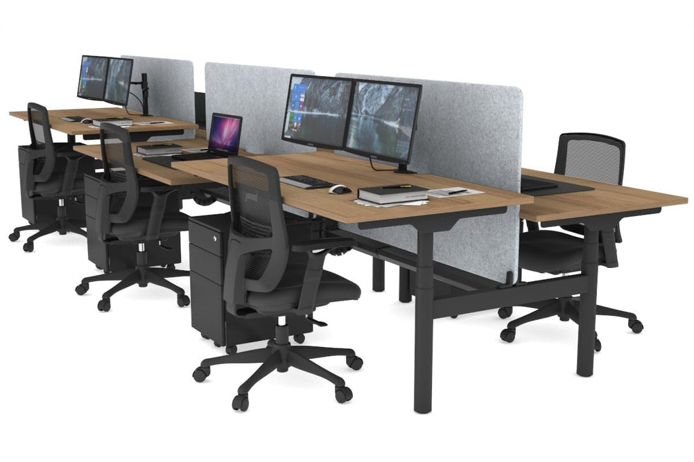 Flexi Premium Height Adjustable 6 Person H-Bench Workstation - Black Frame [1800L x 800W with Cable Scallop]-salvage oak light grey acoustic panel (820H x 1600W) black cable tray