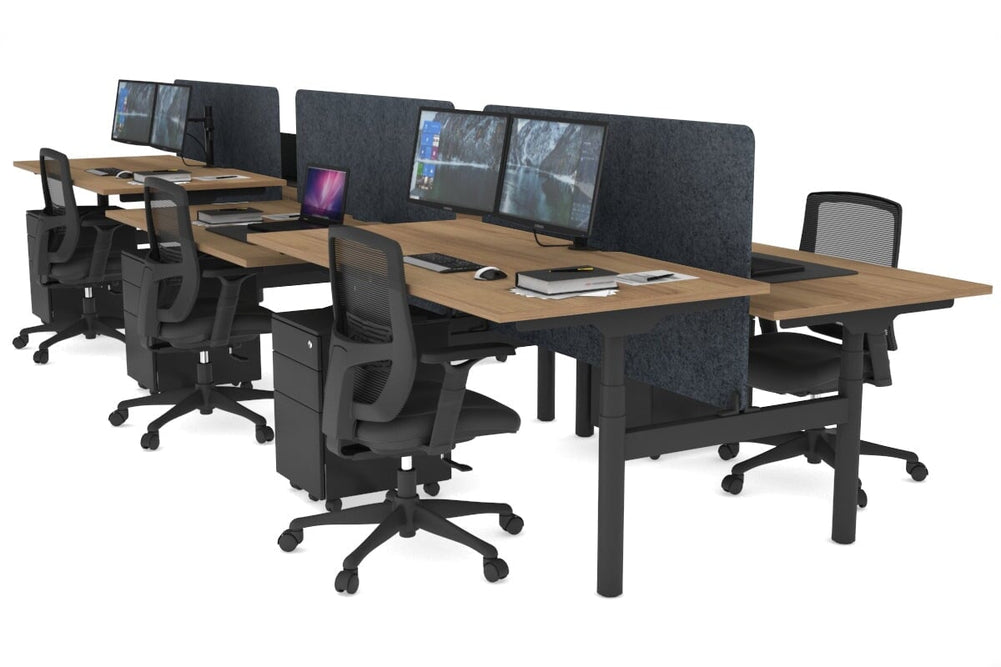 Flexi Premium Height Adjustable 6 Person H-Bench Workstation - Black Frame [1800L x 800W with Cable Scallop]-salvage oak dark grey acoustic panel (820H x 1600W) none