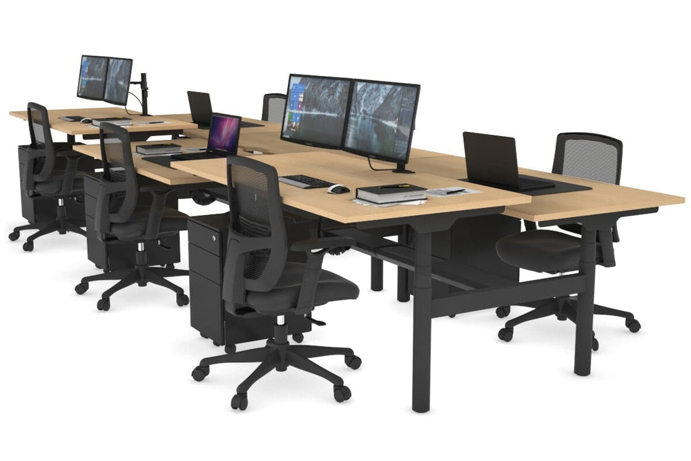 Flexi Premium Height Adjustable 6 Person H-Bench Workstation - Black Frame [1800L x 800W with Cable Scallop]-maple none black cable tray