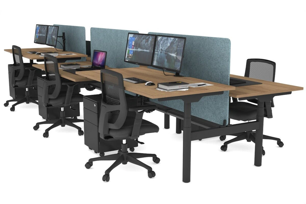 Flexi Premium Height Adjustable 6 Person H-Bench Workstation - Black Frame [1800L x 800W with Cable Scallop]-salvage oak blue acoustic panel (820H x 1600W) black cable tray
