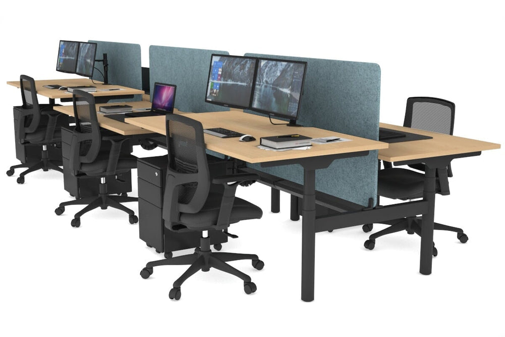 Flexi Premium Height Adjustable 6 Person H-Bench Workstation - Black Frame [1800L x 800W with Cable Scallop]-maple blue acoustic panel (820H x 1600W) black cable tray