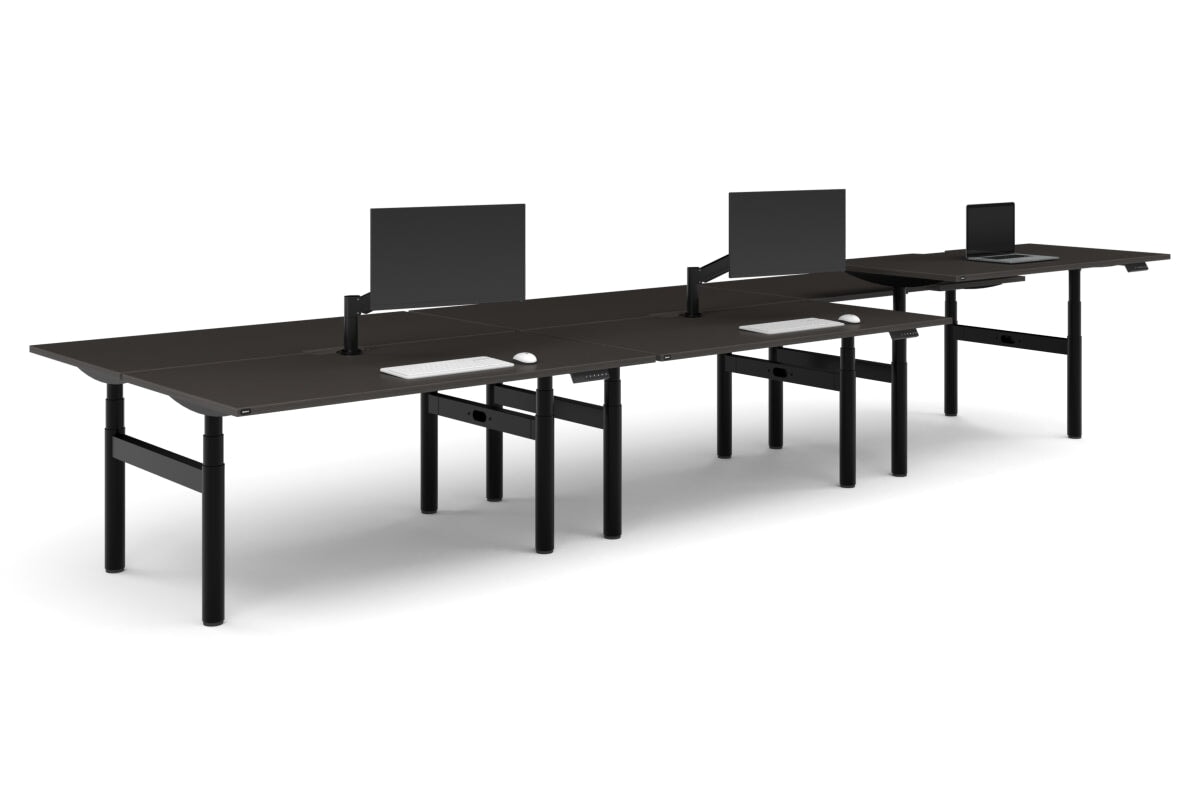 Flexi Premium Height Adjustable 6 Person H-Bench Workstation - Black Frame [1800L x 800W with Cable Scallop]-dark oak none none