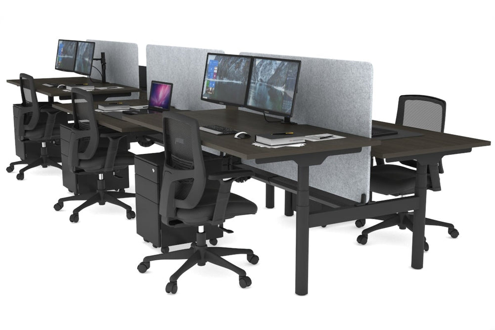 Flexi Premium Height Adjustable 6 Person H-Bench Workstation - Black Frame [1800L x 800W with Cable Scallop]-dark oak light grey acoustic panel (820H x 1600W) black cable tray