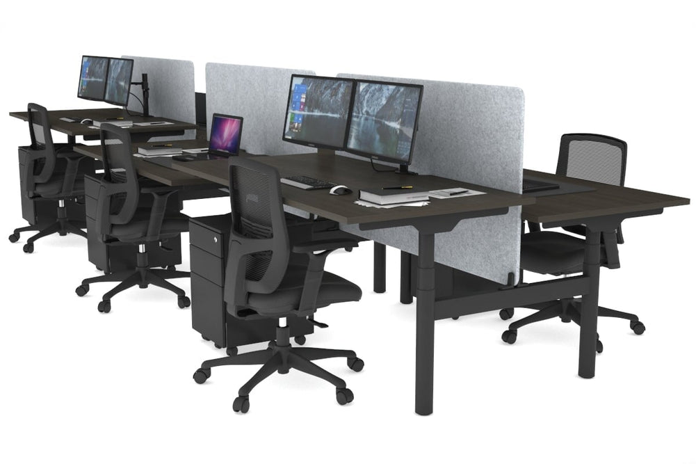 Flexi Premium Height Adjustable 6 Person H-Bench Workstation - Black Frame [1800L x 800W with Cable Scallop]-dark oak light grey acoustic panel (820H x 1600W) none