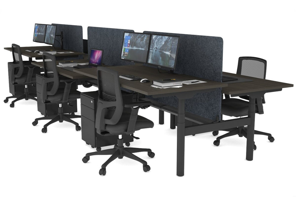 Flexi Premium Height Adjustable 6 Person H-Bench Workstation - Black Frame [1800L x 800W with Cable Scallop]-dark oak dark grey acoustic panel (820H x 1600W) black cable tray