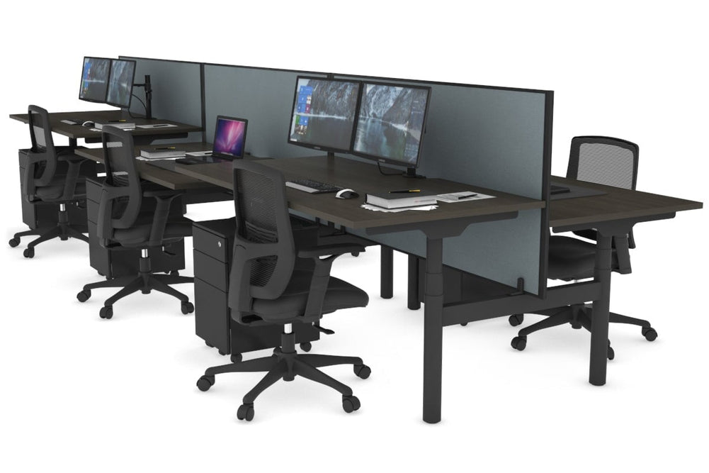 Flexi Premium Height Adjustable 6 Person H-Bench Workstation - Black Frame [1800L x 800W with Cable Scallop]-dark oak cool grey (820H x 1800W) none