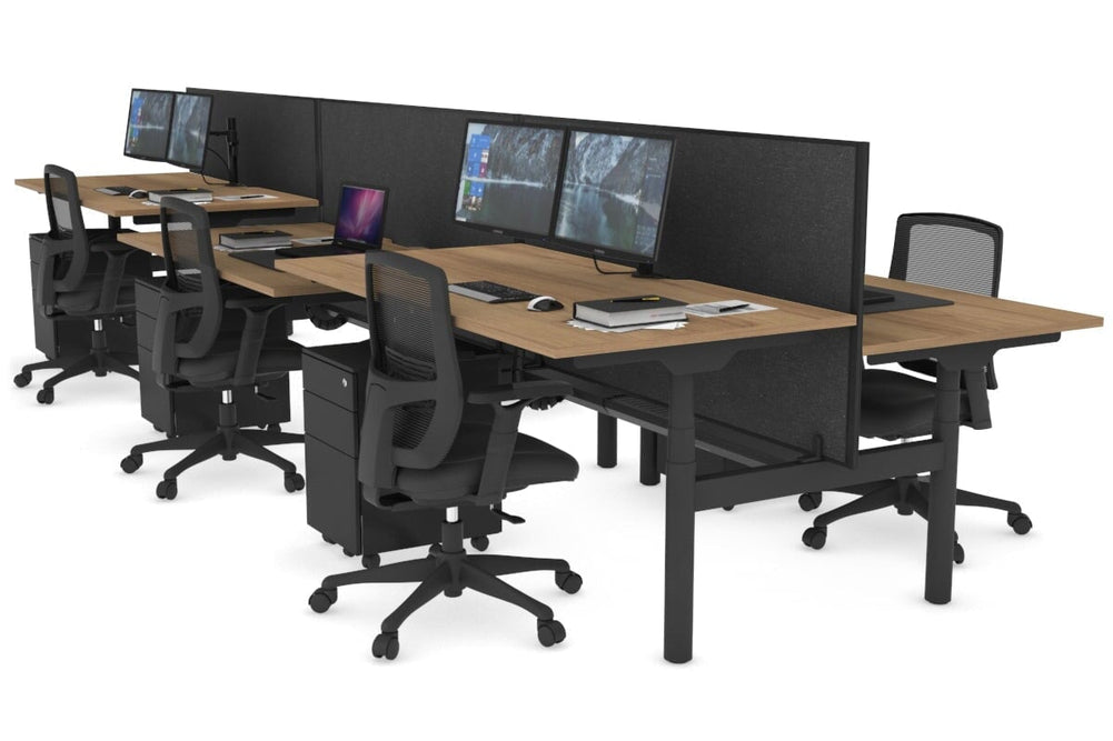 Flexi Premium Height Adjustable 6 Person H-Bench Workstation - Black Frame [1800L x 800W with Cable Scallop]-salvage oak moody charchoal (820H x 1800W) black cable tray