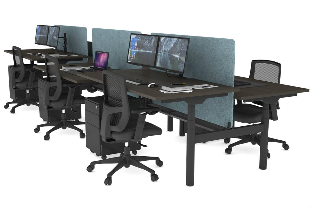 Flexi Premium Height Adjustable 6 Person H-Bench Workstation - Black Frame [1800L x 800W with Cable Scallop]-dark oak blue acoustic panel (820H x 1600W) black cable tray