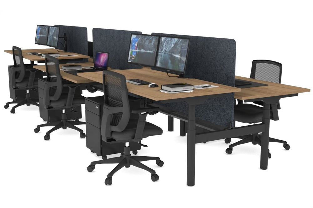 Flexi Premium Height Adjustable 6 Person H-Bench Workstation - Black Frame [1800L x 800W with Cable Scallop]-salvage oak dark grey acoustic panel (820H x 1600W) black cable tray
