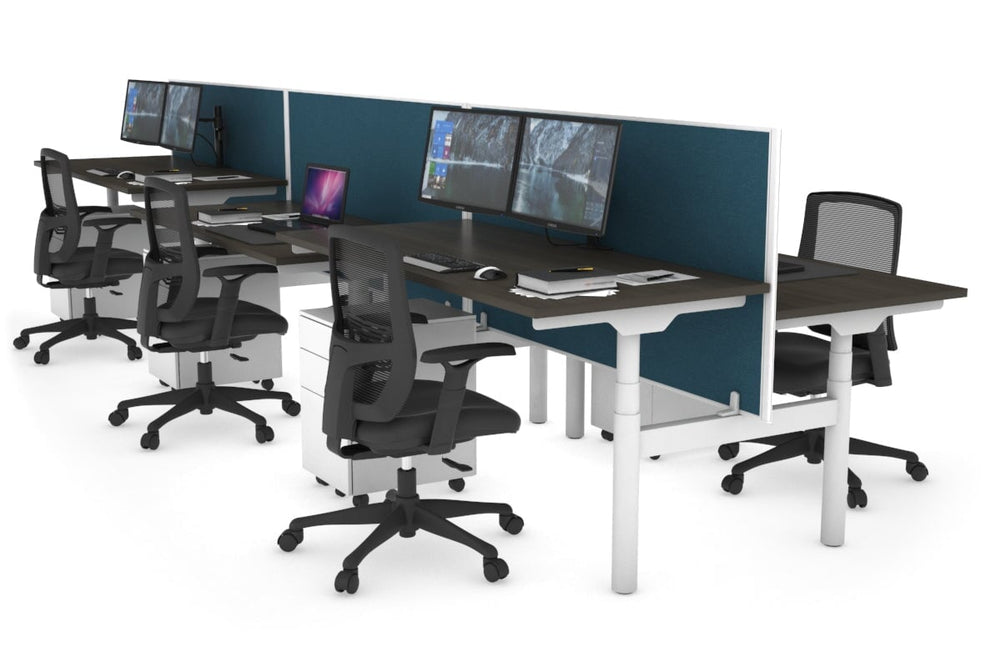 Flexi Premium Height Adjustable 6 Person H-Bench Workstation - White Frame [1200L x 700W]-dark oak deep blue (820H x 1200W) none