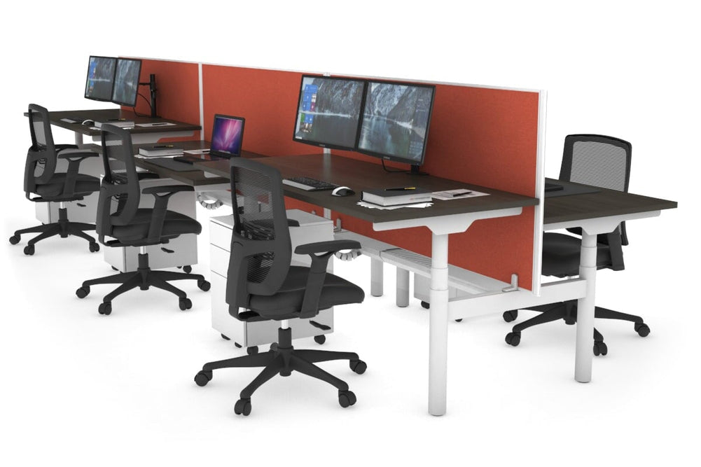 Flexi Premium Height Adjustable 6 Person H-Bench Workstation - White Frame [1200L x 700W]-dark oak orange squash (820H x 1200W) white cable tray