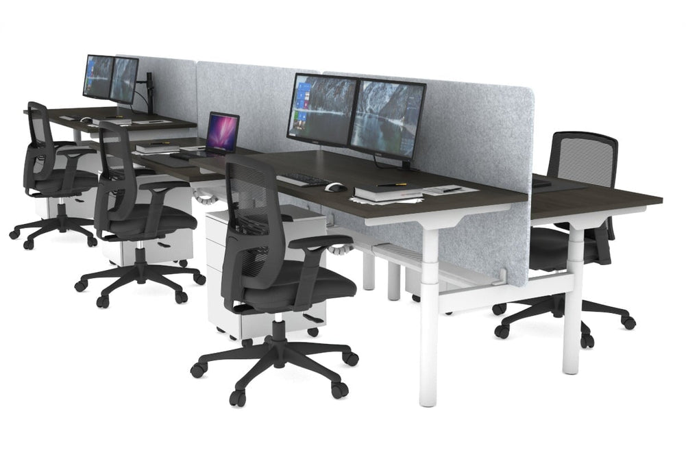 Flexi Premium Height Adjustable 6 Person H-Bench Workstation - White Frame [1200L x 700W]-dark oak light grey acoustic panel (820H x 1200W) white cable tray