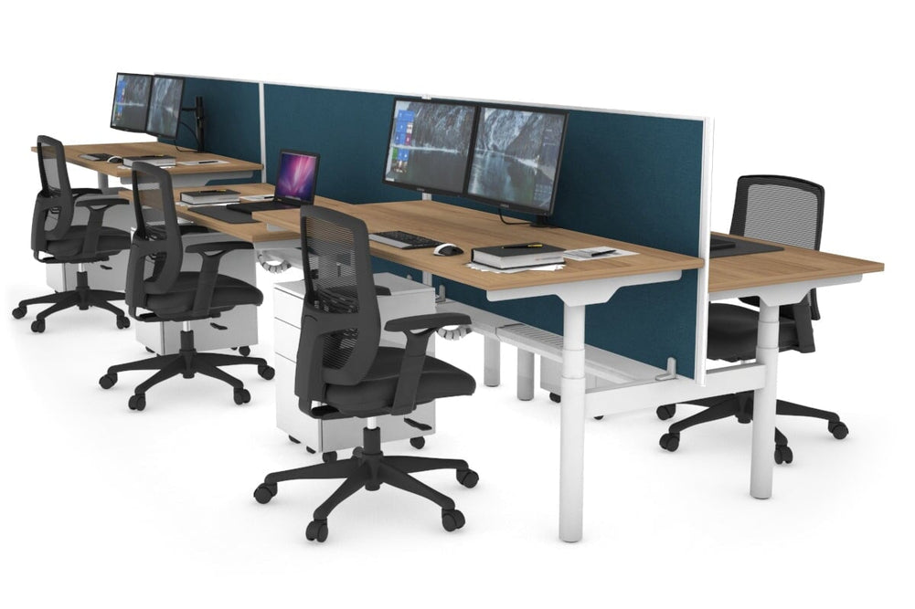 Flexi Premium Height Adjustable 6 Person H-Bench Workstation - White Frame [1200L x 700W]-salvage oak deep blue (820H x 1200W) white cable tray