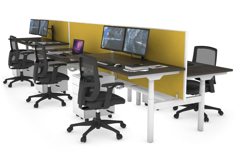 Flexi Premium Height Adjustable 6 Person H-Bench Workstation - White Frame [1200L x 700W]-dark oak mustard yellow (820H x 1200W) white cable tray