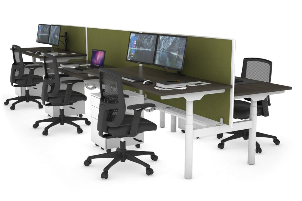 Flexi Premium Height Adjustable 6 Person H-Bench Workstation - White Frame [1200L x 700W]-dark oak green moss (820H x 1200W) white cable tray