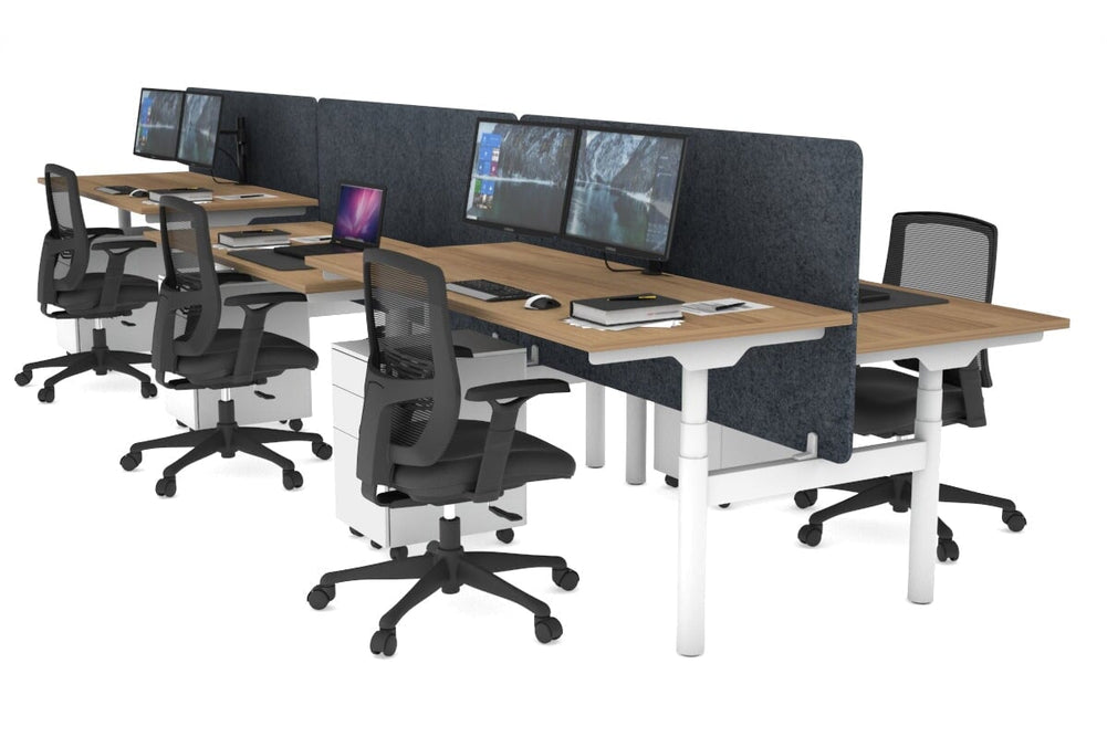Flexi Premium Height Adjustable 6 Person H-Bench Workstation - White Frame [1200L x 700W]-salvage oak dark grey acoustic panel (820H x 1200W) none