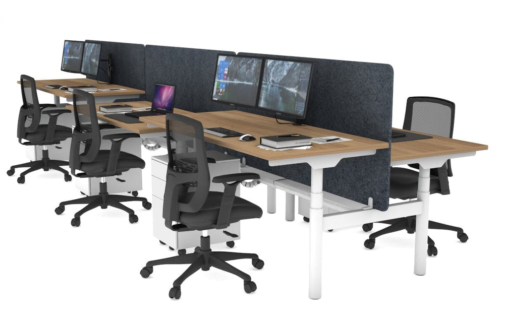 Flexi Premium Height Adjustable 6 Person H-Bench Workstation - White Frame [1200L x 700W]-salvage oak dark grey acoustic panel (820H x 1200W) white cable tray
