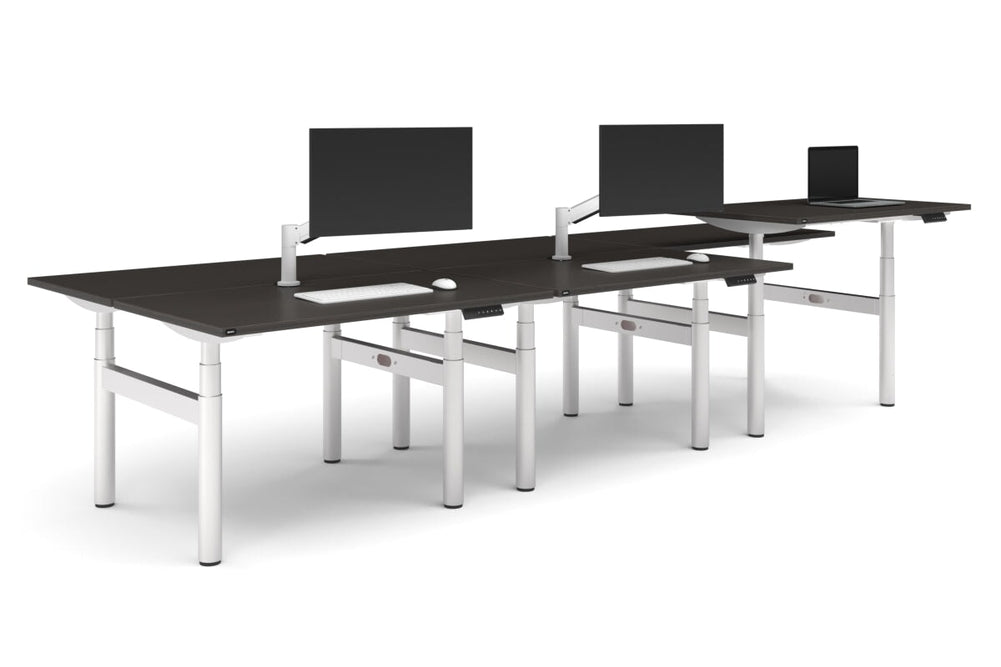 Flexi Premium Height Adjustable 6 Person H-Bench Workstation - White Frame [1400L x 700W]-dark oak none none