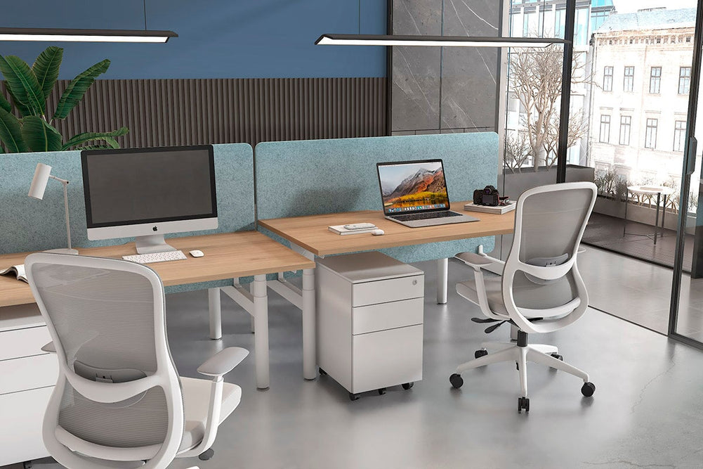 Flexi Premium Height Adjustable 6 Person H-Bench Workstation - White Frame [1400L x 700W]-dark oak moody charchoal (820H x 1400W) white cable tray