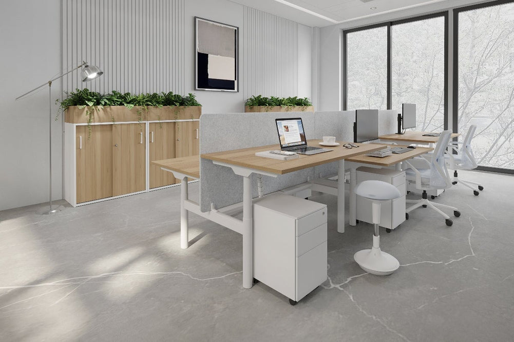 Flexi Premium Height Adjustable 6 Person H-Bench Workstation - White Frame [1600L x 700W]-dark oak moody charcoal (820H x 1600W) white cable tray