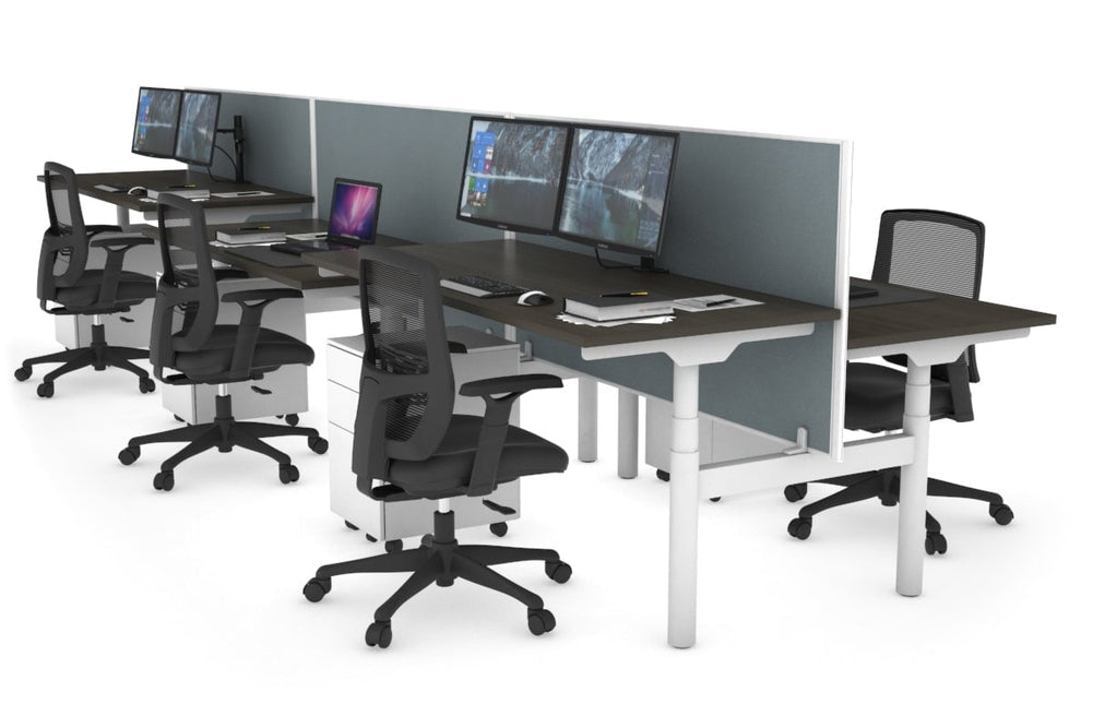 Flexi Premium Height Adjustable 6 Person H-Bench Workstation - White Frame [1600L x 700W]-dark oak cool grey (820H x 1600W) none