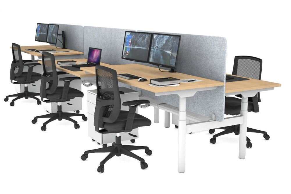 Flexi Premium Height Adjustable 6 Person H-Bench Workstation - White Frame [1600L x 700W]-maple light grey acoustic panel (820H x 1600W) white cable tray