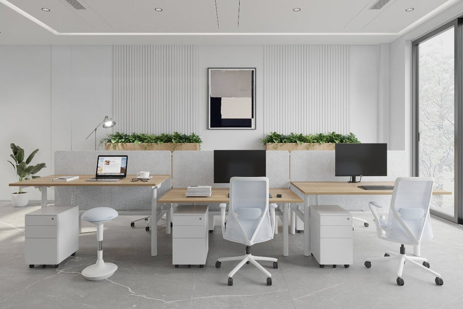 Environmental image of Flexi Premium Height Adjustable 6 Person H-Bench Workstation - White Frame [1600L x 700W]